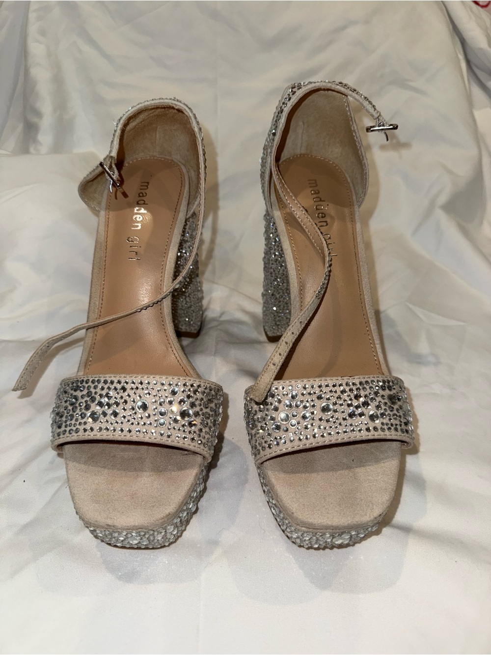 Madden Girl Silver Rhinestone Ankle-Strap Block Heels